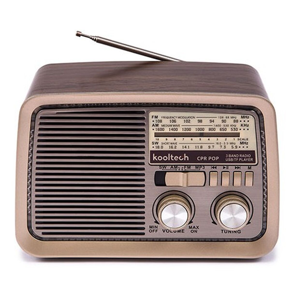Rádio Portátil Bluetooth Kooltech CPR POP Vintage Castanho